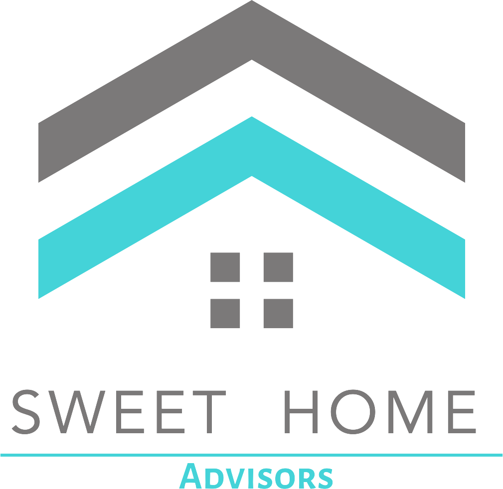 Logo with chevrons, window, and text 'Sweet Home'.